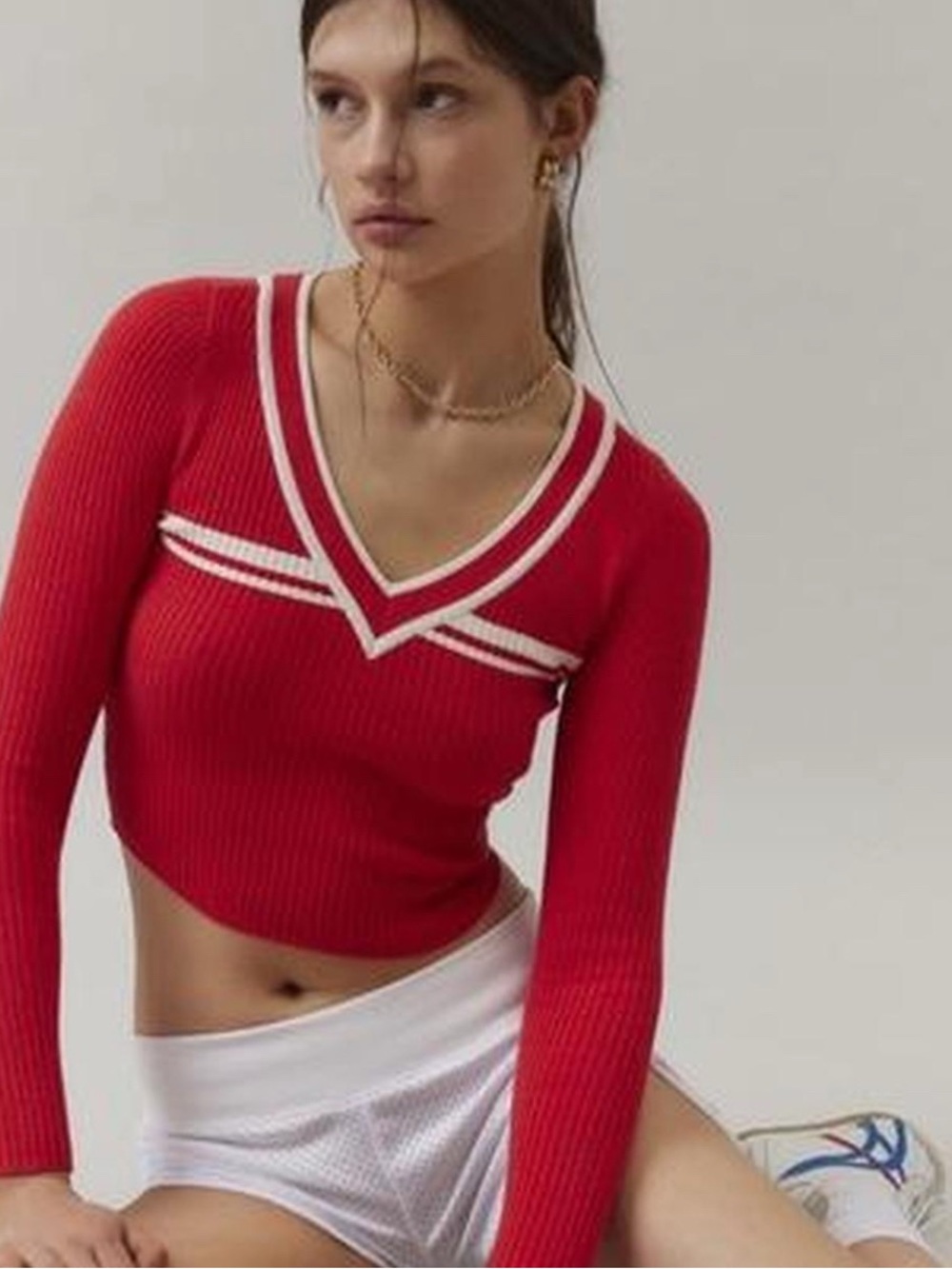 BDG Red Ribbed V‑Neck Cropped Sweater with White Trim